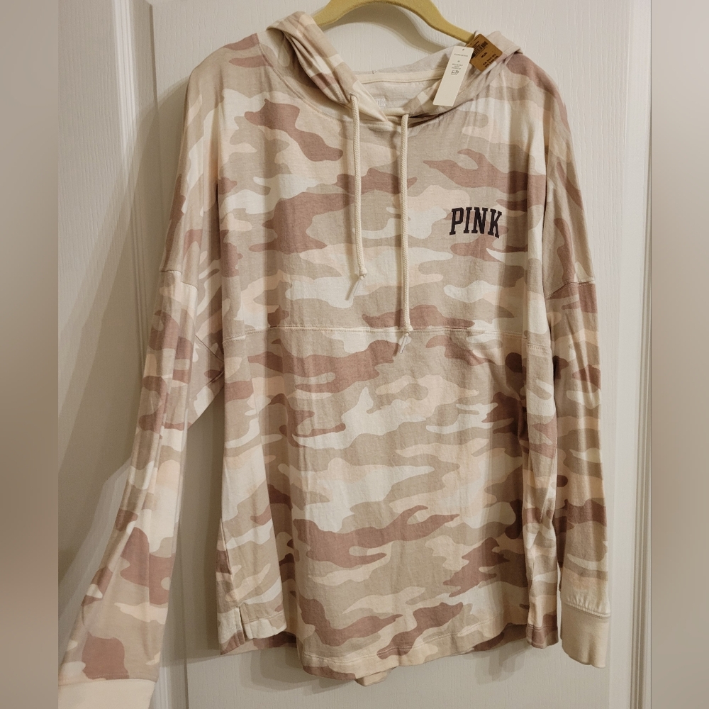 NWT PINK camo hoodie long sleeve tee, size medium